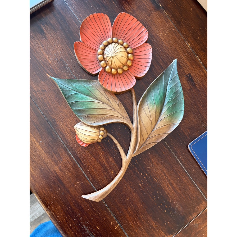 Vintage Syroco Floral Wall Hanging MCM Coral Flower Plastic Art Made in Large